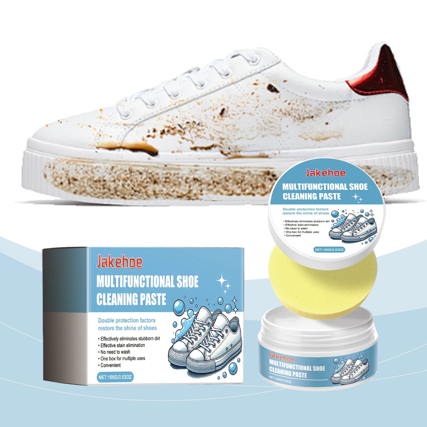 Jakehoe Small White Sneakers Multi-Functional No-Wash Upper Cleaning Cream Removes Stains with Yellow Edge Shoe Care Kit