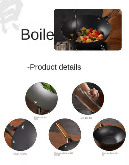 Extra Thick Nitrided Cast Iron Frying Pan Wood Grain Handle Tempered Glass Lid Non-Coated Non-Stick Surface CE Certified