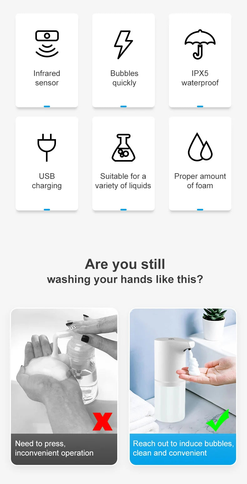 Touchless Automatic Soap Foam Dispenser USB Rechargeable Liquid Foam Hand Washer Machine Bathroom Infrared Sensor Soap Dispenser