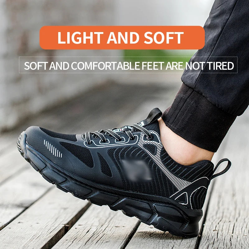 Men's Steel Toe Anti-Puncture Breathable Lightweight Indestructible Men's Breathable Woven Knit Shock Absorption Running Shoes