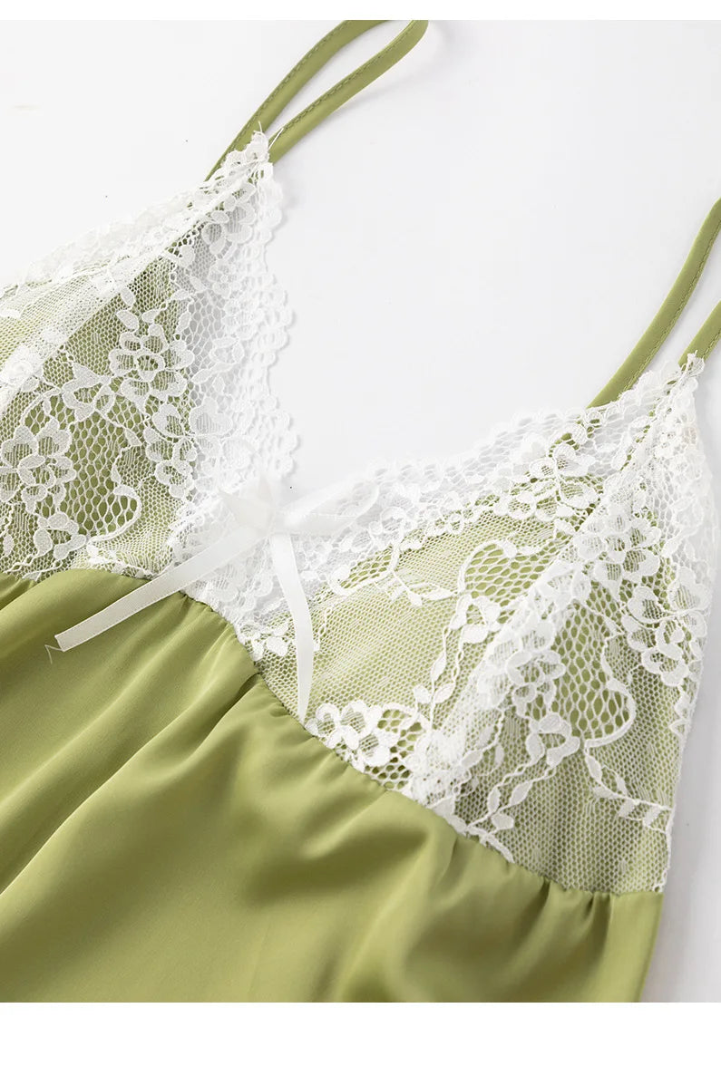 New Arrival Notched Collar Santin Women'S Sleepwear Seamless Red Sexy Lace Nightdress Sexy Pyjama