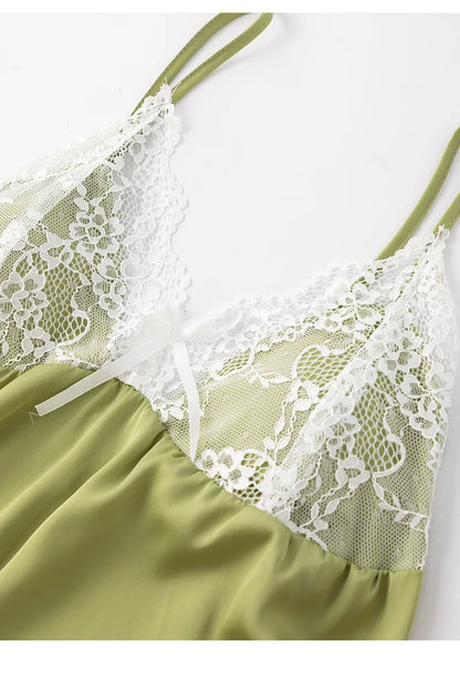 New Arrival Notched Collar Santin Women'S Sleepwear Seamless Red Sexy Lace Nightdress Sexy Pyjama