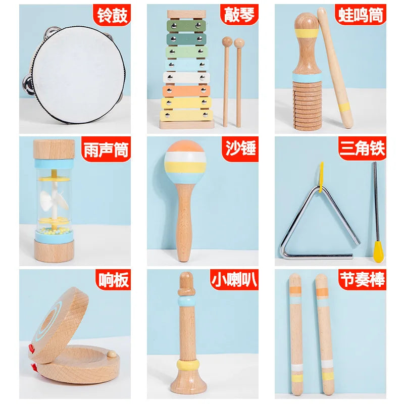 7pcs Wooden Montessori Infant and Toddler Early Education Soothing Bed Bell Toy Baby Hand-held Bell Rattle Instrument Set