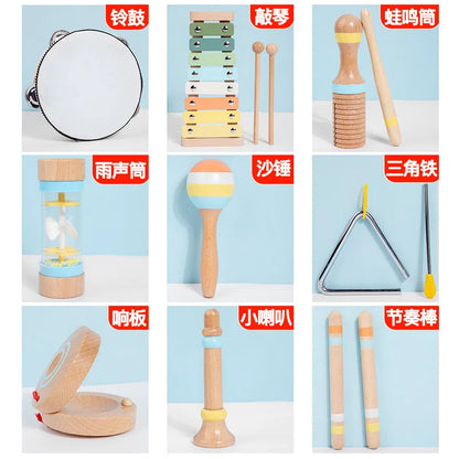 7pcs Wooden Montessori Infant and Toddler Early Education Soothing Bed Bell Toy Baby Hand-held Bell Rattle Instrument Set