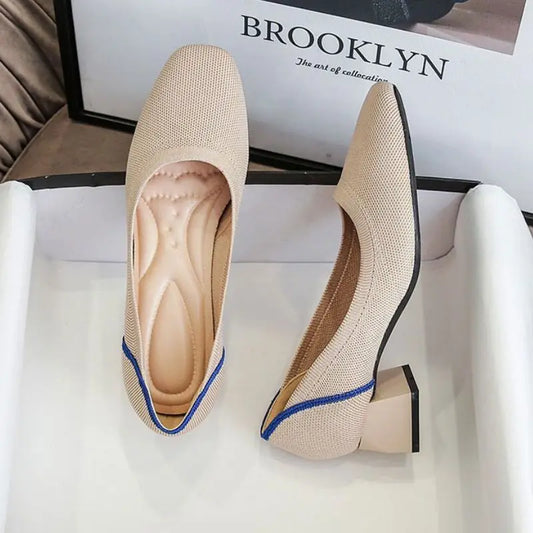 Knitted Fabric Comfortable Office Wear Formal Shoes Slippers Low Block Heels for Women