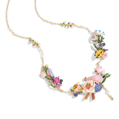 French High-End Fashion Choker Necklace Enamel Glazed Daisy Flower & Wheat Spike with Sapphire Tassel  Fine Necklaces