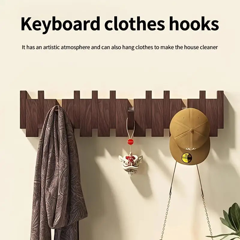 Foldable Wooden Wall-Mounted Piano-Key Design Hook Stand Multiple Hook Storage Rack for Scarves Towels Coats