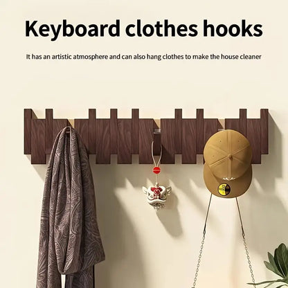 Foldable Wooden Wall-Mounted Piano-Key Design Hook Stand Multiple Hook Storage Rack for Scarves Towels Coats