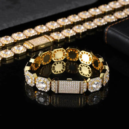 Nuoya 12mm Wholesale Hip Hop Bracelet for MenIced Out Chain 18k Gold Plated Clustered Tennis Bracelet
