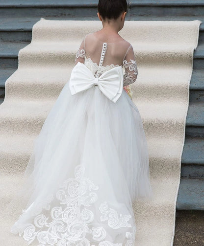 V Neck Wedding Guest Kids Bridesmaid With Bow Lace Appliqued Long Sleeve White Ivory Flower Girl Dresses MF121