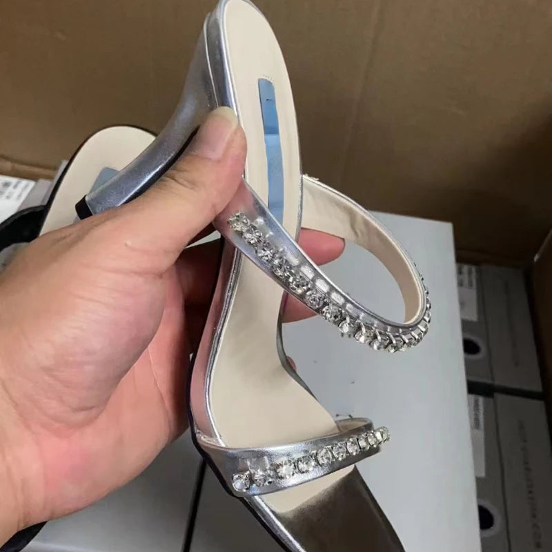 Rhinestone Sandales Talon Femme Slipper Female Shoes Trendy Summer Square Toe High Heels for Ladies