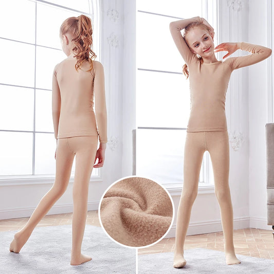 Girls Thermal Underwear Suits Nude Stretch Ballet Underwear Set Dance Tights Leotard for Winter