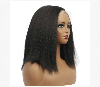 14-Inch Women's Hand Tied Synthetic Hair Wig Transparent 13*4 Frontal Bob Yaki Kinky Straight Afro Puff Side Part Side Part Yaki
