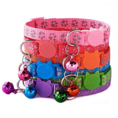 Cute 1.0cm Reflective Stripe Cat Collar with Breakaway Head Plastic Buckle Polyester Small Colored Bell Printed Pet Paws Design