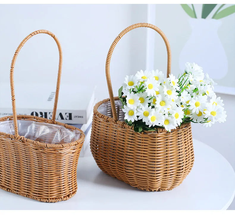 Portable Outdoor Picnic Basket Home Decorative Storage Woven Flower Pot Hand-held Rattan Wicker Accompanying Gift Floral Basket