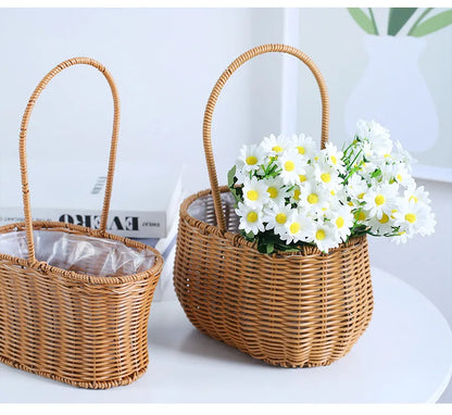 Portable Outdoor Picnic Basket Home Decorative Storage Woven Flower Pot Hand-held Rattan Wicker Accompanying Gift Floral Basket