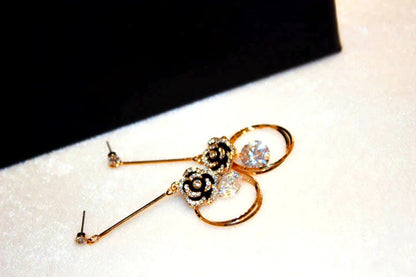 Korea Fashion Black Enamel Camellia Earrings Women Luxury brand Long Big Cubic Zirconia Drop Earrings Wedding Jewelry Z277