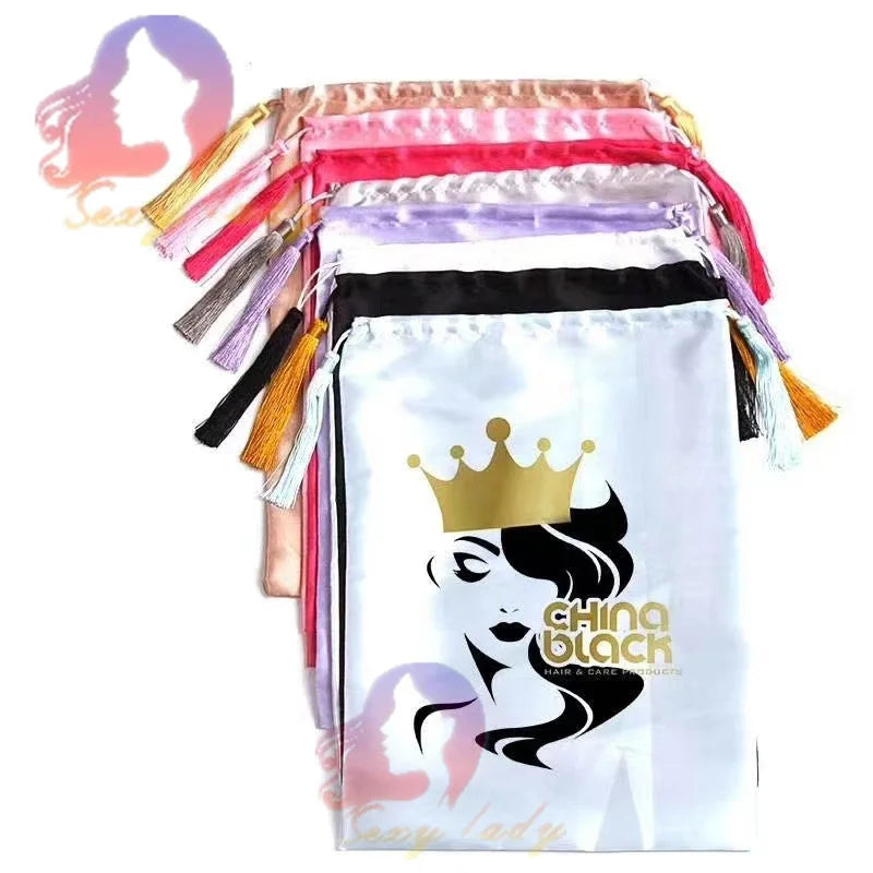 Sexy Lady Hair Accessories Wholesale Custom Satin Wigs Bags 100% Silk Drawstring Bag Hair Packaging