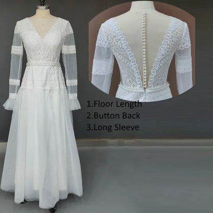 10027#Gorgeous V Neck Long Sleeve Sheer Button Back Bohemian Lace Wedding Dress Appliques Tulle a Line Bridal Gown Sweep Train
