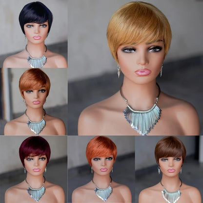 Pixie Cut Human Hair Wig Short Straight  Layered Full Machine Made Wig 100% Remy Human Hair for Black Women Natural