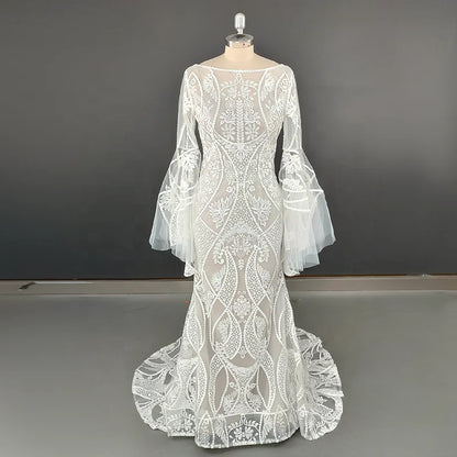 4515# Modern Sweep Train Backless Flare Sleeves Wedding Dress Elegant Illusion Appliques Mermaid Lace Bridal Gown REAL PICTURE