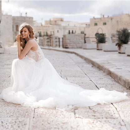 13128#Simple A-Line High Neck Beach Bohemian Elegant Lace Appliques Backless Tulle Illusion Sleeveless Wedding Dress Bridal Gown