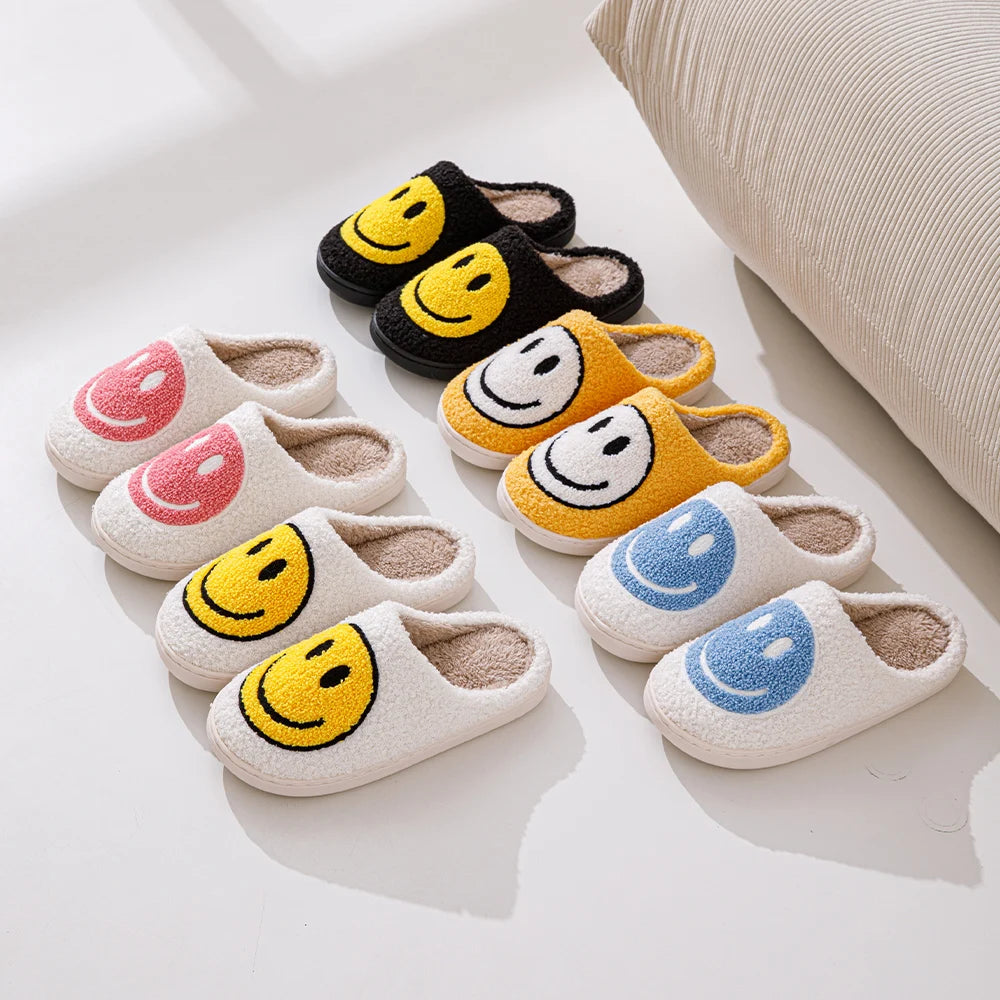 Smile Face Shape Slippers for Women Soft Plush Retro Preppy Slip on Comfortable Indoor Outdoor Shoes