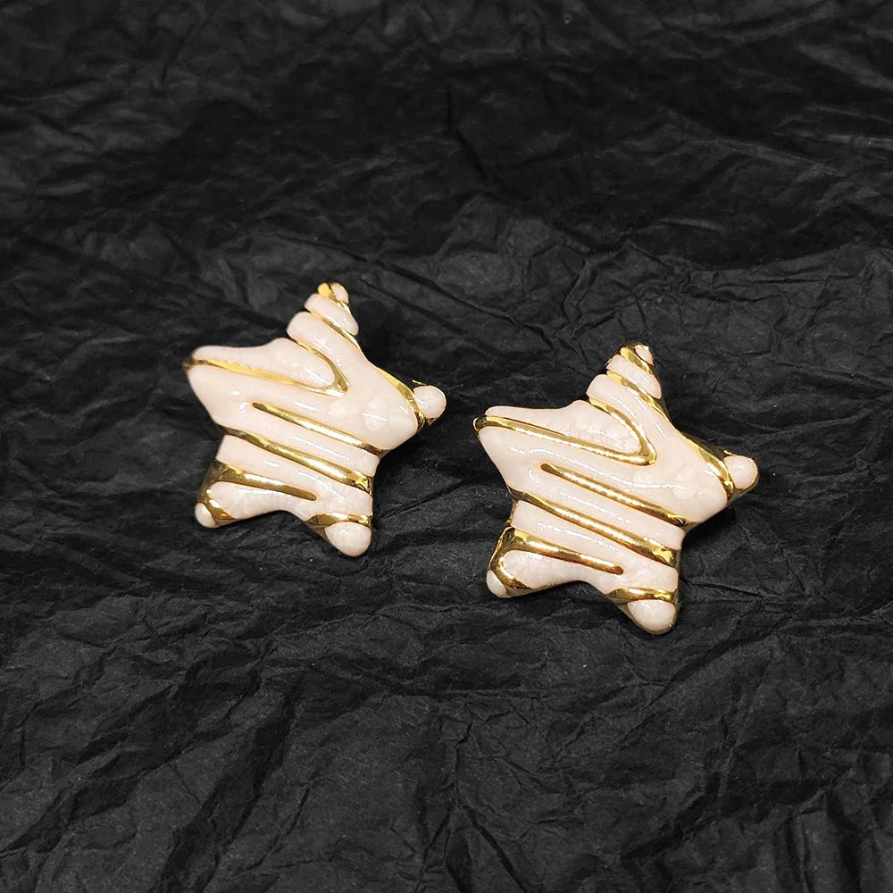 French Retro Trendy Stainless Steel Gold-Plated Star Shaped Drip Oil Earrings with Exquisite Palace Style Enamel for Women