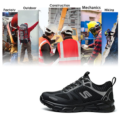 Men's Steel Toe Anti-Puncture Breathable Lightweight Indestructible Men's Breathable Woven Knit Shock Absorption Running Shoes