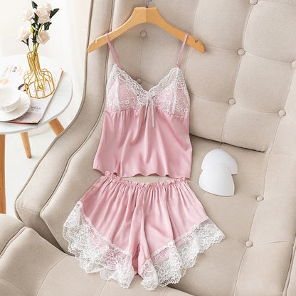 New Arrival Notched Collar Santin Women'S Sleepwear Seamless Red Sexy Lace Nightdress Sexy Pyjama