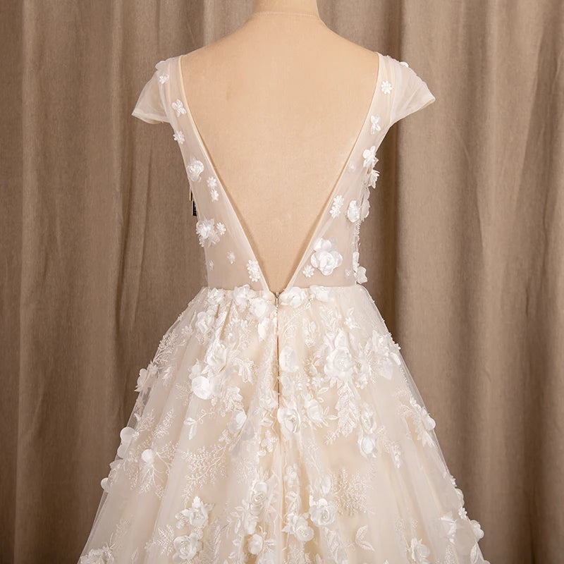 9261# Illusion Sheer Neck A-Line Wedding Dresses for Women Fashion 3D Lace Appliques Sleeveless Bridal Gowns