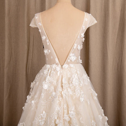 9261# Illusion Sheer Neck A-Line Wedding Dresses for Women Fashion 3D Lace Appliques Sleeveless Bridal Gowns