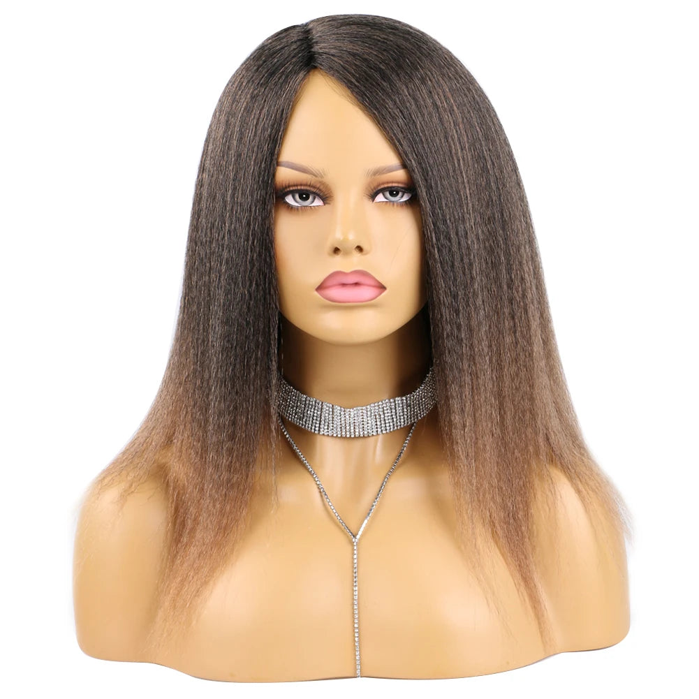 Wholesale 14 Inch Yaki Straight Afro Light Brown Lace Hair Wig Glueless Synthetic Middle Part Women  Machine-Made Long Wigs