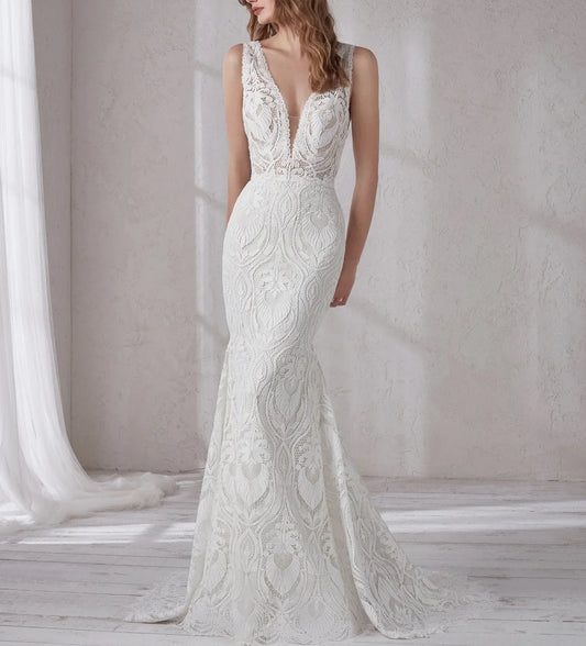 11941#Elegant Sleeveless Gorgeous Deep V Neck Open Back Bohemian Lace Mermaid Beach Wedding Dress Wedding Bridal Gown