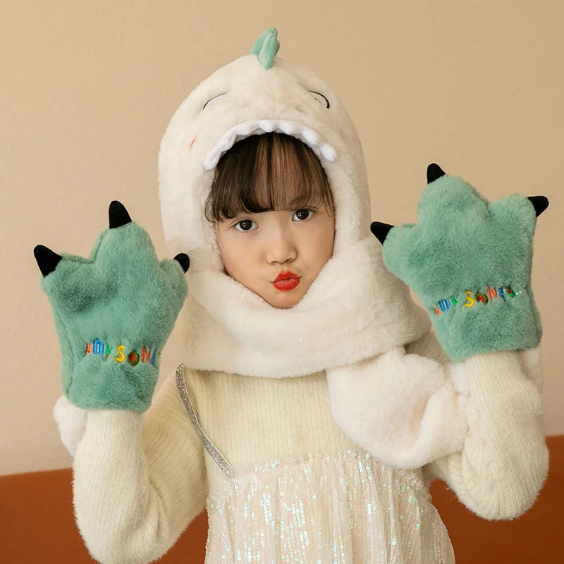 Cute Animal Thermal Children Hoodie Beanie Warm Fur Winter Kids Hat Scarf and Gloves Set