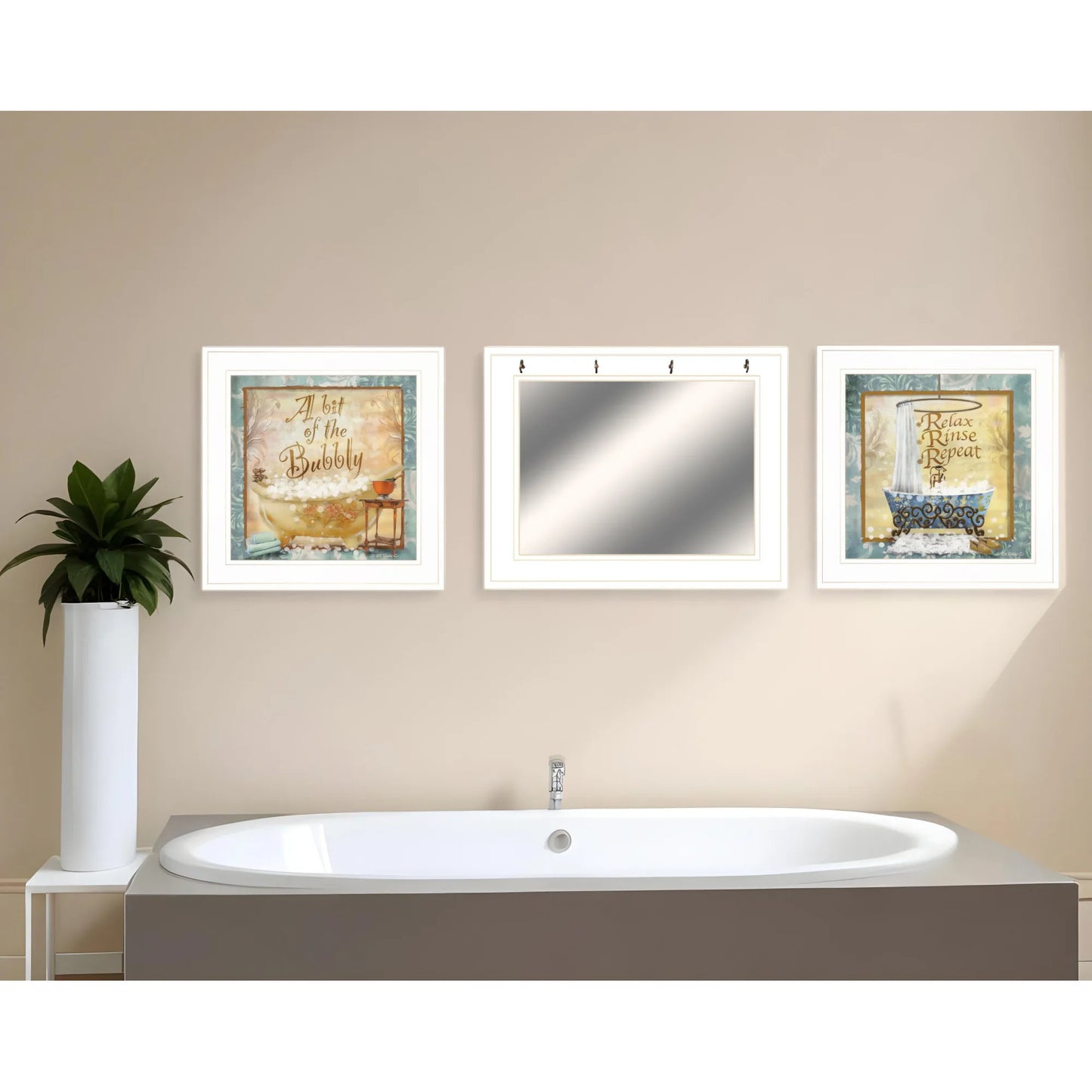 Bit of Bubbly White Framed Bathroom Wall Art Set of Three Including Mirror and Hooks by HMS