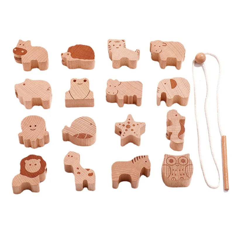 Beech Wood Beaded  Threading & Stacking Toy Set Cartoon Animals Blocks Montessori Early Education Gift for Toddler