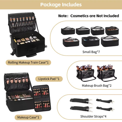 Relavel Professional 4 in 1 Black Canvas Rolling Artists Makeup Cases Travel Trolley Case with 7 Small Bags Cosmetic Cases