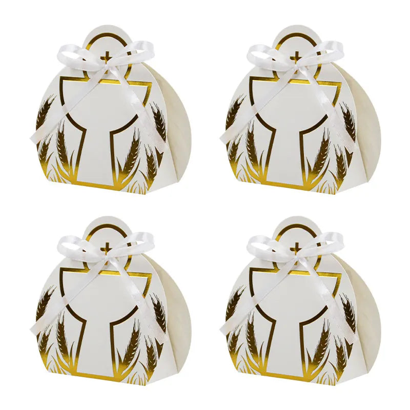 50PCS Recycled Materials Christening Holy Grail Design Candy Treat Foldable Paper Box Ribbon Baptism Cross Cookie Baby Shower