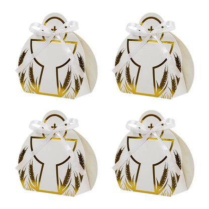 50PCS Recycled Materials Christening Holy Grail Design Candy Treat Foldable Paper Box Ribbon Baptism Cross Cookie Baby Shower