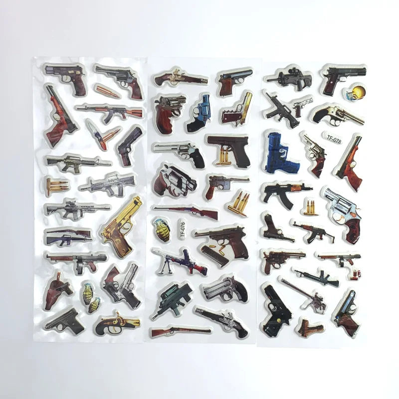 12Sheets/Set Military Fans Weapon Gun Pistol Stickers for Kids Boys PVC Bubble Scrapbook DIY Toys
