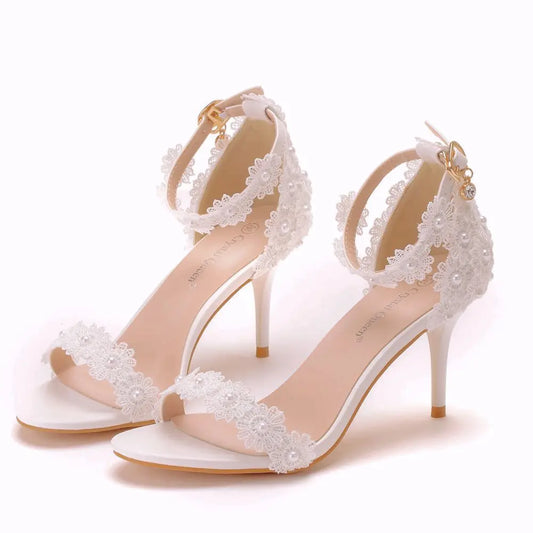 New Shoes for Women Lace Wedding Shoes a Word with Thin Heel Sandals Fine with Beads Elegant Princess Sandal