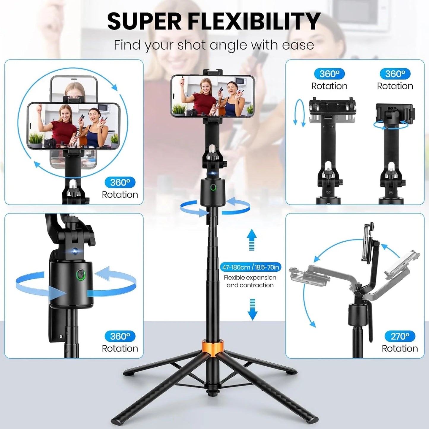 180CM 360 Ai Face Tracking Gimbal 2PC Light Smart Rotate Auto Face Tracking Selfie Stick Stabilizer for Vlog Video Making