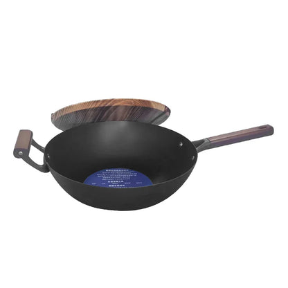Extra Thick Nitrided Cast Iron Frying Pan Wood Grain Handle Tempered Glass Lid Non-Coated Non-Stick Surface CE Certified
