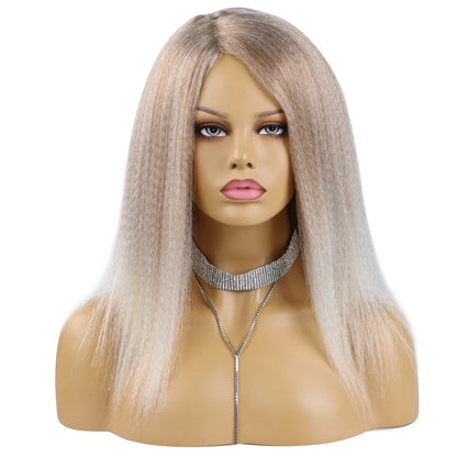 Wholesale 14 Inch Yaki Straight Afro Light Brown Lace Hair Wig Glueless Synthetic Middle Part Women  Machine-Made Long Wigs