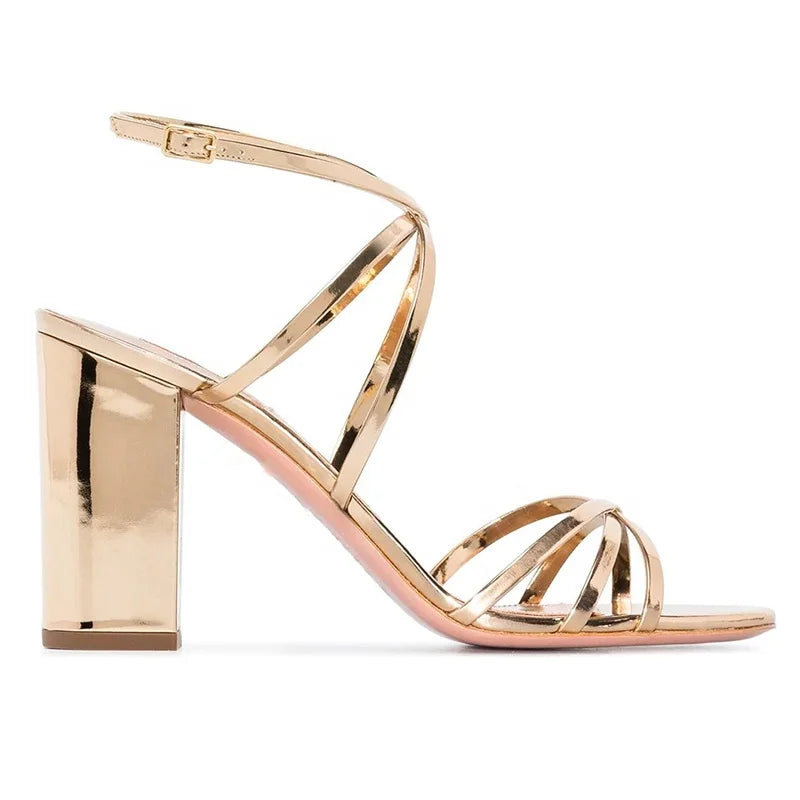 2020 Latest Women Chunky High Heel Gold Strappy Party Dress Summer Sandals