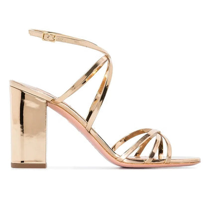 2020 Latest Women Chunky High Heel Gold Strappy Party Dress Summer Sandals