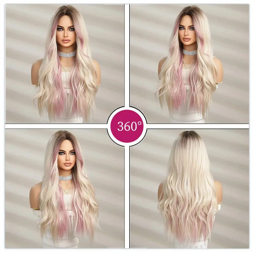 26-Inch  Straight Hair Wig Loose Wave Ombre Blonde Gradient Gold Pick Pink Long Curly  High-Temperature Fiber Styles Women