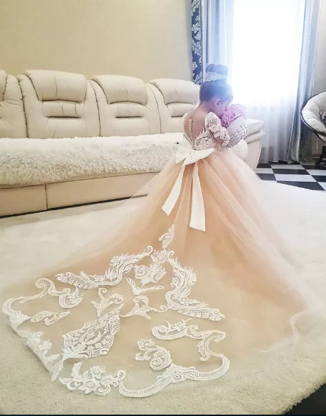 Bows Children's First Communion Dress Princess Formal Tulle Ball Gown Wedding Party Dress Cute Pink Lace Flower Girl Dress MF80