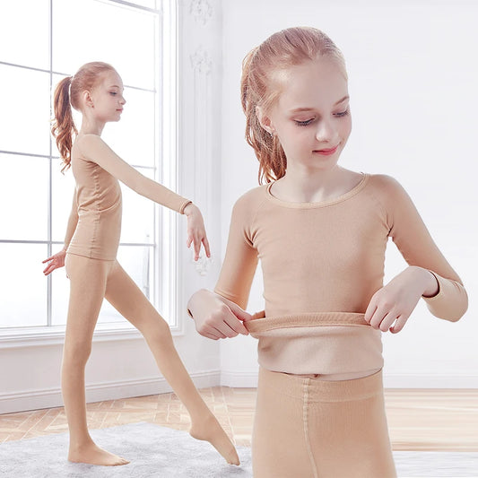 Girls Thermal Underwear Suits Nude Stretch Ballet Underwear Set Dance Tights Leotard for Winter